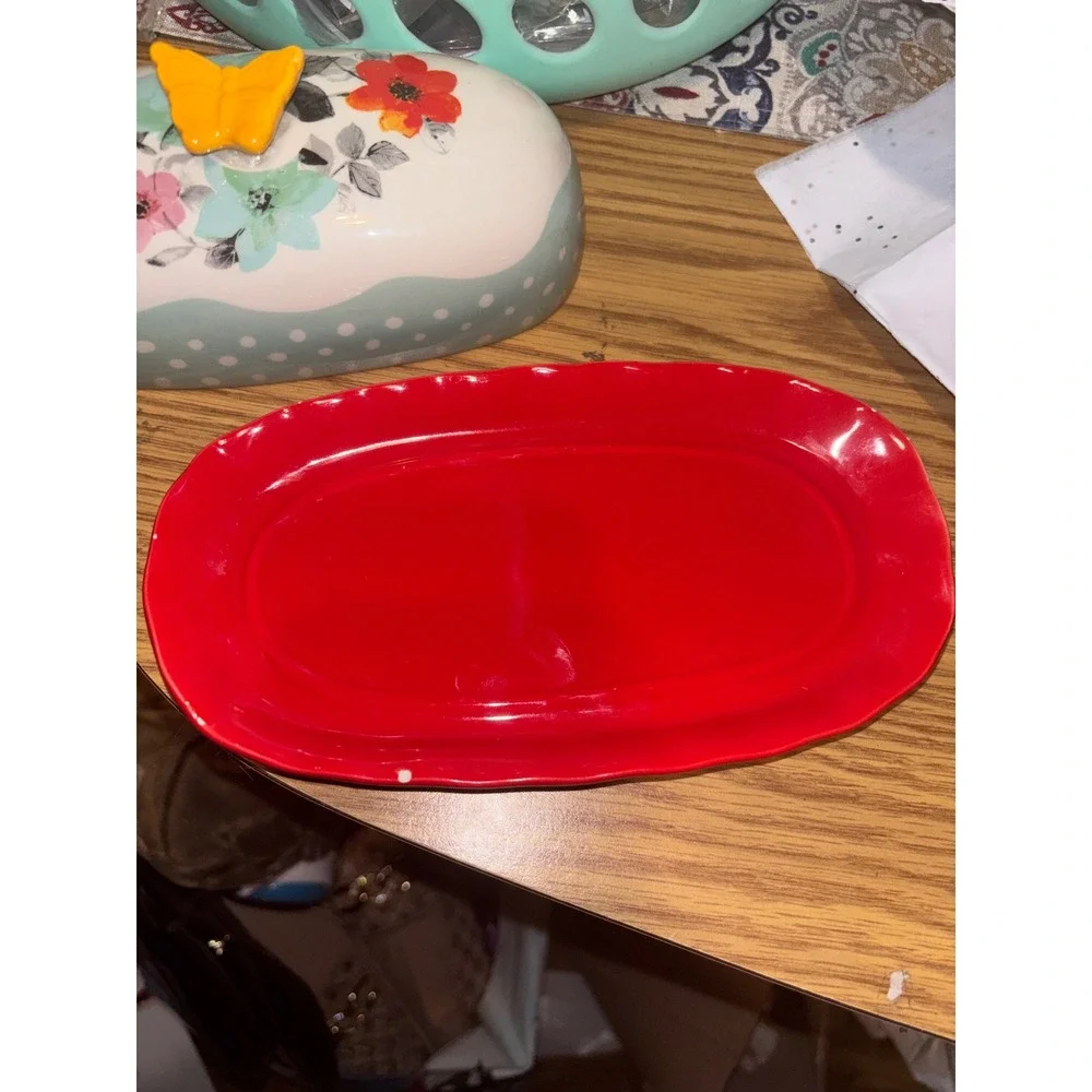 The Pioneer Woman Floral Butterfly Ceramic Butter Dish Red Scalloped Base